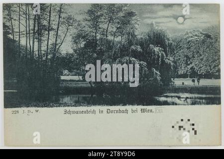 17., Dornbach - Neuwaldegg - Schwanenteich, bei Nacht, Ansichtskarte, Deutsch's Postkartenverlag, Produzent, 1898, Pappe, Kollotypie, Park, Freizeit und Freizeit, 17. Bezirk: Hernals, öffentliche Gärten, Park, mit Menschen, Nacht, Kanäle, Gewässer (in der Stadt), die Wiener Sammlung Stockfoto