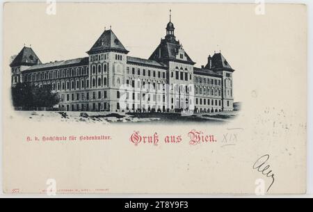 18., Gregor-Mendel-Straße (ehemals Hochschulstraße) 33 - Universität für Bodenkultur, Ansichtskarte, Carl (Karl) Ledermann jun., Produzent, 1898, Karton, Kollotypdruck, Bildung und Lehre, Universitäten, 18., Sammlung Wien Stockfoto