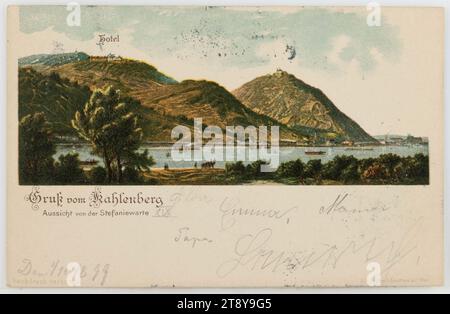 19., Kahlenberg und Leopoldsberg, von Floridsdorf aus gesehen, Ansichtskarte, Haufler, Schmutterer & Co. (1872-1902), Hersteller, 1899, beschichtete Pappe, Farblithografie, Wienerwald, Donau, 19. Bezirk: Döbling, Kanäle, Gewässer (in der Stadt), (hoch-)Berg, Kirche (außen), Schiffe (General), Kahlenberg, Leopoldsberg, Die Wiener Sammlung Stockfoto