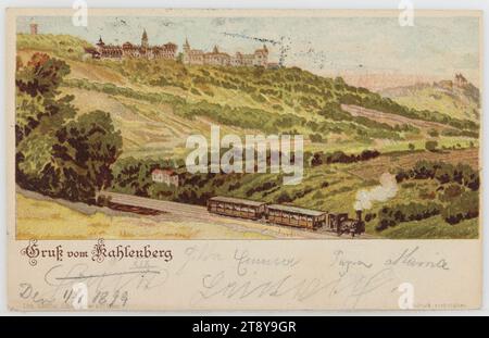 19., Kahlenberg - mit Zahnradbahn, im Hintergrund Leopoldsberg, Ansichtskarte, Haufler, Schmutterer & Co. (1872-1902), Hersteller, 1899, Karton, Farblithographie, Wienerwald, öffentlicher Nahverkehr, Gastgewerbe, Verkehr und Verkehr, 19. Bezirk: Döbling, Eisenbahn, Straßenbahn; Zahnradbahn, Zahnradbahn, Kahlenberg, Leopoldsberg, Die Wiener Sammlung Stockfoto