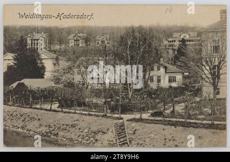 14., Weidlingau-Hadersdorf - Panorama, Ansichtskarte, Sperlings Postkartenverlag (M. M. S.), Produzent, Datum um 1908, Karton, Kollotype, Inschrift, VON Hadersdorf - Weidlingau, NACH Peuerbach, ADRESSE, Fräulein, [...], p.a. Frau Dr., Peuerbach bei, Neumarkt Kalham, Ober-Österreich, NACHRICHT, liebe Frieda!, vielen Dank für Ihre liebe Karte. Ich fühle mich wieder besser und bin so faul wie möglich, um wieder Gewicht zu gewinnen. Etterl ist bereits gut verbrannt und fühlt sich sehr wohl, mit herzlichen Grüßen, Tante Jola und Lilli; grüßt Sie herzlich [Name], Vienna Woods, Media and Communication Stockfoto