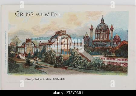 Stadtbahn - Station Karlsplatz, im Hintergrund Karlskirche, Ansichtskarte, C. Binder, Produzent, Datum um 1898, beschichtete Pappe, Holzstich, ÖPNV, Wien um 1900, Karlsplatz, Sehenswürdigkeiten, Stadtbahn, Verkehr und Verkehr, 4. Bezirk: Wieden, Bahnhof; Schutzhütte (Bahn, Straßenbahn), Kirche (außen), Karlskirche, Stadtbahnstation Karlsplatz, Die Wiener Sammlung Stockfoto