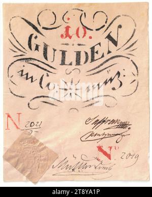 Belagerungsgeld, Festung Arad, 10 Gulden, Johann Berger von der Pleiße (1768-1864), Auftraggeber, 1848-1849, Papier, handschriftlich, Druck, Höhe 104 mm, Breite 85 mm, Mint, Arad, Münzgebiet, Österreich, Reich (1804-1867), Finanzen, Revolutionen von 1848, 1849, Handelszeichen, Privatmünze, Belagerung, Wiener Sammlung Stockfoto