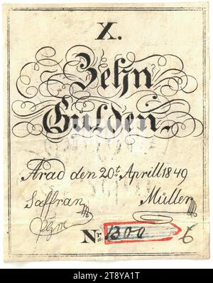 Belagerungsgeld, Festung Arad, 10 Gulden, Johann Berger von der Pleiße (1768-1864), Auftraggeber, 20.04.1849, Papier, Druck, handschriftlich, Höhe 107 mm, Breite 86 mm, Mint, Arad, Münzgebiet, Österreich, Reich (1804-1867), Finanzen, Revolutionen von 1848, 1849, Handelszeichen, Privatmünze, Belagerung, Wiener Sammlung Stockfoto