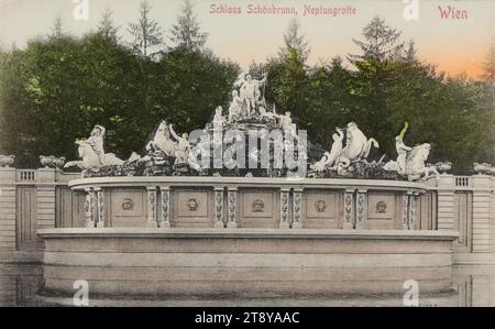 13., Schlosspark Schönbrunn - Neptunbrunnen, Ansichtskarte, Deutsch's Postkartenverlag, Produzent, 1900-1905, Pappe, handkoloriert, Kollotypie, Höhe x Breite 9 x 14 cm, Sehenswürdigkeiten, Habsburgs, Park, schöne Künste, 13. Bezirk: Hietzing, öffentliche Gärten, park, Zierbrunnen, Skulptur, Schloss Schönbrunn, Wiener Sammlung Stockfoto