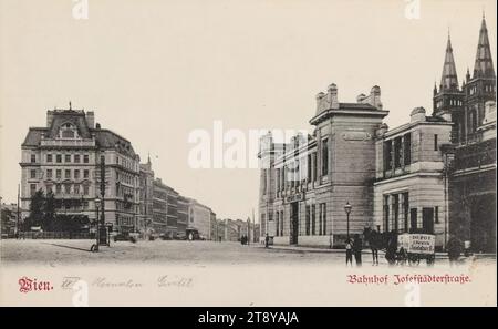 17., Hernalser Gürtel - mit Stadtbahnhaltestelle Josefstädter Straße, Ansichtskarte, Verlag Josef Popper (J.P.W.), Produzent, 1900-1904, Karton, Kollotype, Höhe x Breite 9 x 14 cm, öffentlicher Verkehr, Wien um 1900, Stadtbahn, Verkehr und Verkehr, 17: Hernals, Straße, Kirche (außen), gewöhnliches Haus oder Reihe von Häusern, Flachhaus, Mehrfamilienhaus, Haus kombiniert mit Geschäft, (Bauern-)Wagen, Güterwagen, Wagen, mit Personen, Bahnhof; Schuppen (Bahn, Straßenbahn), Stadtbahnstation Josefstädterstraße., Wiener Sammlung Stockfoto