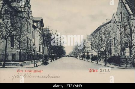 18., Weimarer Straße (ehemals Carl-Ludwig-Straße) - General, Ansichtskarte, Carl (Karl) Ledermann jun., Produzent, Datum um 1898, Karton, Kollotype, Höhe x Breite 9 x 14 cm, 18. Bezirk: Währing, Straße, Villa, mit Menschen, Die Wiener Sammlung Stockfoto