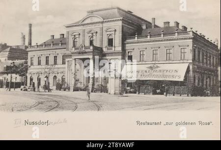 19., Nußdorf - Nußdorfer Platz 8 - Restaurant 'zur goldenden Rose', Ansichtskarte, Brüder Kohn KG (B. K.W. I.), Hersteller, Datum vor 1905, Karton, Kollotype, Höhe x Breite 9 x 14 cm, Hotel- und Restaurantgeschäft, 19. Bezirk: Döbling, Platz, Platz, Zirkus, etc., die Wiener Sammlung Stockfoto