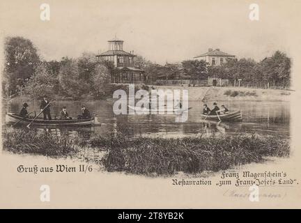 22., Franz-Josefs-Land (Alte Donau) - mit Franz Magenscheins Restaurierung "zum Franz-Josefs-Land", Ansichtskarte, Heinrich Kölz (NOI), Produzent, 1900-1905, Pappe, Reliefdruck, Kollotypie, Höhe x Breite 9 x 14 cm, Freizeit und Freizeit, Donau, Hotel- und Restaurantgeschäft, 22: Donaustadt, Ruderboot, Kanu usw. mit Menschen, Kanälen, Gewässern (in der Stadt), der Wiener Sammlung Stockfoto