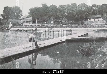 22., Franz-Josefs-Land (Alte Donau) - mit Ignaz Fischers Restaurierung, Ansichtskarte, Verlag Andreas Rauschan, Produzent, Datum um 1910, beschichteter Karton, Halbtondruck, Höhe x Breite 9 x 14 cm, Freizeit und Freizeit, Donau, 22: Donaustadt, Kanäle, Gewässer (in der Stadt), Ruderboot, Kanu usw., mit Menschen, Die Wiener Sammlung Stockfoto