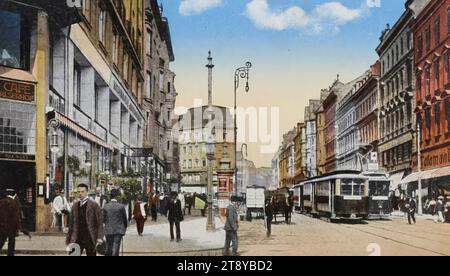 9., 8., Alser Straße - Blick von der Höhe lange Gasse in Richtung Gürtel, Ansichtskarte, Unbekannt, Datum um 1910, gestrichene Pappe, Autokromdruck, Höhe x Breite 9 x 14 cm, öffentlicher Verkehr, Verkehr und Verkehr, 9. Bezirk: Alsergrund, Straße, das übliche Haus oder eine Reihe von Häusern, Wohnung, Mehrfamilienhaus, Haus kombiniert mit Geschäft, Eisenbahn, Straßenbahn; Zahnradbahn, Straßenbeleuchtung, mit Menschen, Plakatsäule, Alser Straße, Wiener Sammlung Stockfoto