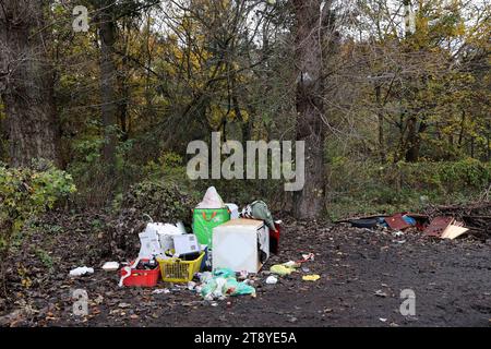 Berlin - Deutschland. Am Waldrand illegaler Vertreiber Müll. *** 18 11 2023, Berlin, Deutschland. November 2023. Illegal entsorgte Abfälle am Waldrand Credit: Imago/Alamy Live News Stockfoto