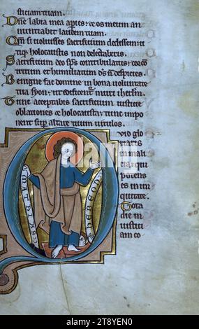 Touke Psalter, Initial 'Q' mit St. Matthäus, der Hebeon mit Füßen tritt, wurde in Brügge für eine Mäzene hergestellt. Lebhafte Vignetten füllen den Kalender, während große historische Initialen von Heiligen, die ihre Unterdrücker mit Füßen treten, die liturgischen Psalmen einführen. Hinzugefügte Ostertabellen sowie Geburts- und Todesinschriften im Kalender belegen die Anwesenheit des Manuskripts in England im 15. Jahrhundert, wo es von Generationen der Familie Touke weitgehend verwendet wurde Stockfoto