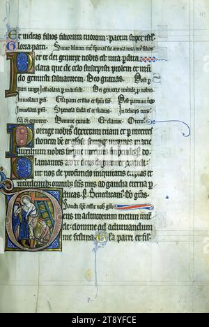 Psalter-Stunden von Bruder Guimier, initiale D mit der Abschrift, diese ungewöhnlich große Psalter-Stunden entstand im letzten Viertel des 13. Jahrhunderts in der Region Thérouanne im Nordosten Frankreichs, damals als Flandern betrachtet. Die Handschrift ist durchgehend mit aufwendig verzierten und historisierten Initialen beleuchtet und enthält auch eine einzige ganzseitige Miniatur des Martyriums von Thomas Becket Stockfoto