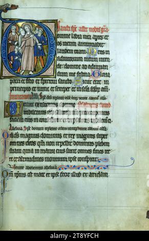 Psalter-Stunden des Bruders Guimier, Initial „D“ mit dem Verrat Christi, entstand diese ungewöhnlich große Psalter-Stunden im letzten Viertel des 13. Jahrhunderts in der Region Thérouanne im Nordosten Frankreichs, die damals als Flandern galt. Die Handschrift ist durchgehend mit aufwendig verzierten und historisierten Initialen beleuchtet und enthält auch eine einzige ganzseitige Miniatur des Martyriums von Thomas Becket Stockfoto