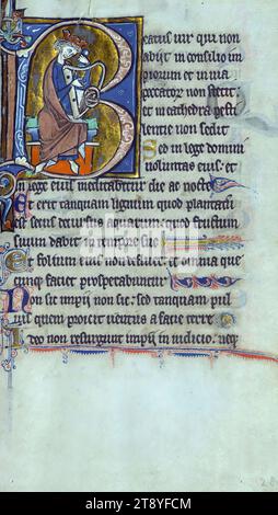 Psalter für Zisterzienserin Bittstellerin, Initial „B“ mit David, der Harfe spielt, dieser biblische Psalter wurde in Französisch-Flandern für eine Dame mit zisterzienserischen Verbindungen im dritten Viertel des 13. Jahrhunderts geschaffen. Ergänzungen aus dem 14. Jahrhundert für die Verwendung einer Frau deuten darauf hin, dass sie von Bittmacherinnen noch einige Zeit nach ihrer Entstehung verwendet wurde Stockfoto
