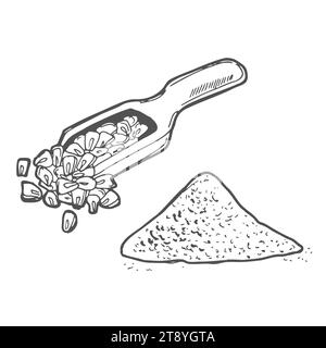 Holzlöffel mit Nahrung - Weizenmehl, Reis, Meersalz, Gewürz, Kartoffel, hafer, Zucker, Brei. Doodle Hand gezeichnete Vektor-Illustration, Vintage Drawi Stock Vektor