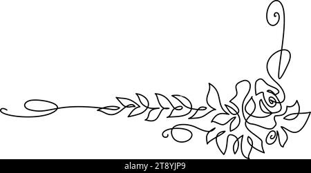 Rahmengirlande aus Gartenrose mit Blättern. Durchgehende einzeilige Zeichnung. Stock Vektor