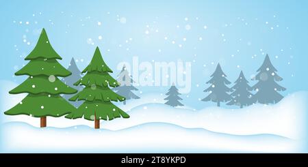 Winterlandschaft mit Tannen, Silhouette eines Nadelwaldes, fallender Schnee. Schnee Hintergrund mit Platz für Text für Weihnachten, Neujahr. Natur Stock Vektor