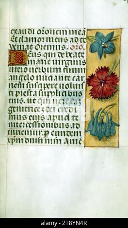 Suchtenstunden, die Suchtenstunden, sind ein schönes Beispiel für Künstler, die im Stil des Meisters der Prayerbooks ca. arbeiten. 1500. Das Buch wurde vermutlich in Brügge produziert und gehört jemandem, der mit dem Franziskanerorden und der Diözese Utrecht in Verbindung steht. Die neun erhaltenen, ganzseitigen, detailreichen Miniaturen zeichnen sich durch klare Formen und eine lebendige Farbpalette aus. Von besonderem Interesse sind die Randbeleuchtungen, die entweder um die Miniaturen herum oder als Streifen entlang der Seiten des Textes erscheinen Stockfoto