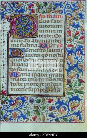 Buch der Stunden, dekoriert Initial, dieses Buch der Stunden wurde um 1460-70 in der Region Brügge von Künstlern geschaffen, die von dem berühmten Illuminator Willem Vrelant beeinflusst wurden. Die 15 erhaltenen Miniaturen wurden stark neu bemalt, ebenso wie viele der Grenzen, und Lillian Randall hat vorgeschlagen, dass diese Renovierungskampagne wahrscheinlich von einem späteren Besitzer angefordert wurde, der im Bild des letzten Gerichts dargestellt werden könnte Stockfoto