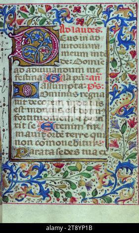 Buch der Stunden, dekoriert Initial, dieses Buch der Stunden wurde um 1460-70 in der Region Brügge von Künstlern geschaffen, die von dem berühmten Illuminator Willem Vrelant beeinflusst wurden. Die 15 erhaltenen Miniaturen wurden stark neu bemalt, ebenso wie viele der Grenzen, und Lillian Randall hat vorgeschlagen, dass diese Renovierungskampagne wahrscheinlich von einem späteren Besitzer angefordert wurde, der im Bild des letzten Gerichts dargestellt werden könnte Stockfoto