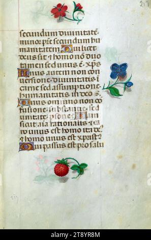 Buch der Stunden, Marginalia, dieses Manuskript wurde ca. 1500 in Brügge oder Gent und wurde von dem Meister der Gebetsbücher, dem Meister des Dresdner Gebetsbuches und dem Meister der David-Szenen im Grimanischen Breviar beeinflusst. Es wurde wahrscheinlich für eine Mäzene mit franziskanischer Affinität geschaffen, wie es der Inhalt des Kalenders vermuten lässt. Das Buch ist stark beleuchtet mit 19 Miniaturen, Marginalien auf Seiten ohne Miniaturen und 24 Kalenderbeleuchtungen, wobei letztere Tierkreiszeichen mit Illustrationen der Arbeiten des Monats umfassen Stockfoto