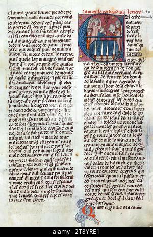 Wilhelm von Tyre's Histoire d’Outre Mer, Initial „E“ mit dem Trauergottesdienst von König Balduin III., diese Handschrift, die in der späteren Hälfte des 13. Jahrhunderts fertiggestellt wurde, enthält Wilhelm von Tyrus Estoire d’Eracles (bis 1229), Les faits des Romains (Fortsetzung, Tiberius an Julian) und einen Brief von Prester Johannes. Während der Ursprung des Manuskripts zwischen Akkon und Paris umstritten ist, deutet Jaroslav Folda auf eine starke Verbindung mit Epinal 45 hin, einem Manuskript, das bekanntermaßen in Paris zur gleichen Zeit entstanden ist Stockfoto