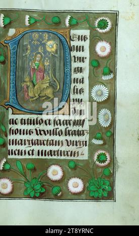 Stunden von Herzog Adolf von Kleve, Initial 'D' mit St. Margaret, dieses Stundenbuch wurde in den 1480er Jahren für Adolph, Herzog von Kleve, Graf von La Mack, Herrn von Ravenstein und Wijnendale (1425–92), fertiggestellt. bis 1477 Mitglied des Gefolges der Herzöge von Burgund und danach in einer Position des persönlichen Vertrauens unter Erzherzog Maximilian, Ehemann von Maria von Burgund (gest. 1482) Stockfoto