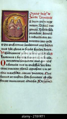 Gebetsbuch (Zusammenstellung), Initial 'T' mit Trinity, This Prayer Book, ca. 1500, ist eine Zusammenstellung mehrerer Texte aus mindestens fünf verschiedenen Händen, wobei die Miniaturen ebenfalls mehrere Hände aufweisen. Besonders hervorzuheben sind die illusionistischen Grenzen mit außergewöhnlichen Motiven. Grenzen zu Beginn des Buches scheinen von einem anderen Künstler zu sein, da spätere Grenzgruppen sich in Design und Farbe unterscheiden, mit kleineren Motiven, weniger Gedränge, blühenden roten Nelken und Lilien und einigen amüsanten Drollerien Stockfoto