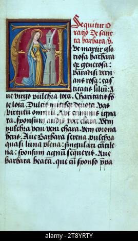 Gebetsbuch (Zusammenstellung), Initial „A“ mit St. Barbara, dieses Gebetsbuch, CA. 1500, ist eine Zusammenstellung mehrerer Texte aus mindestens fünf verschiedenen Händen, wobei die Miniaturen ebenfalls mehrere Hände aufweisen. Besonders hervorzuheben sind die illusionistischen Grenzen mit außergewöhnlichen Motiven. Grenzen zu Beginn des Buches scheinen von einem anderen Künstler zu sein, da spätere Grenzgruppen sich in Design und Farbe unterscheiden, mit kleineren Motiven, weniger Gedränge, blühenden roten Nelken und Lilien und einigen amüsanten Drollerien Stockfoto