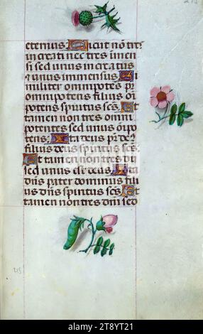 Buch der Stunden, Marginalia, dieses Manuskript wurde ca. 1500 in Brügge oder Gent und wurde von dem Meister der Gebetsbücher, dem Meister des Dresdner Gebetsbuches und dem Meister der David-Szenen im Grimanischen Breviar beeinflusst. Es wurde wahrscheinlich für eine Mäzene mit franziskanischer Affinität geschaffen, wie es der Inhalt des Kalenders vermuten lässt. Das Buch ist stark beleuchtet mit 19 Miniaturen, Marginalien auf Seiten ohne Miniaturen und 24 Kalenderbeleuchtungen, wobei letztere Tierkreiszeichen mit Illustrationen der Arbeiten des Monats umfassen Stockfoto