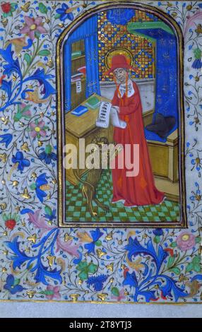 Stundenbuch, St.. Jerome in seinem Arbeitszimmer, dieses Taschenbuch der Stunden, CA. 1460–70 wurde im Kreis von Willem Vrelant für die Nutzung von Sarum fertiggestellt. Mit 27 erhaltenen Miniaturen und zweiundzwanzig historischen Initialen ist es ein wichtiges Beispiel für die Gebetsbücher, die im dritten Viertel des 13. Jahrhunderts in Brügge für englische Besitzer gemacht wurden. Diese Handschrift ist zwar nicht besonders einzigartig unter ihren Gleichaltrigen, aber sie ist wegen ihres beeindruckenden Bildprogramms, einschließlich der erwähnten Miniaturen und historisierten Initialen, beispielhaft Stockfoto