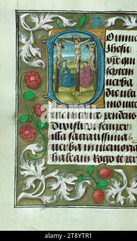 Stunden des Herzogs Adolf von Kleve, Initial 'D' mit der Kreuzigung, dieses Buch der Stunden wurde in den 1480er Jahren für Adolph, Herzog von Kleve, Graf von La Mack, Herr von Ravenstein und Wijnendale (1425–92) fertiggestellt. bis 1477 Mitglied des Gefolges der Herzöge von Burgund und danach in einer Position des persönlichen Vertrauens unter Erzherzog Maximilian, Ehemann von Maria von Burgund (gest. 1482) Stockfoto