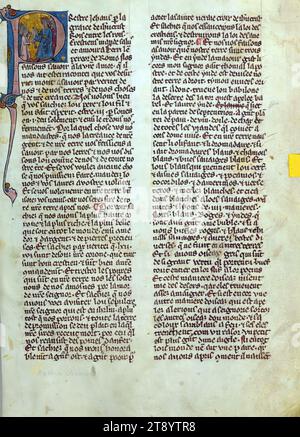 Wilhelm von Tyre's Histoire d'Outre Mer, Initial 'P' mit Prester Johannes, der einem Boten einen Brief für den Papst überreichte, diese Handschrift, die in der späten Hälfte des 13. Jahrhunderts fertiggestellt wurde, enthält Wilhelm von Tyrus Estoire d'Eracles (bis 1229), Les faits des Romains (Fortsetzung, Tiberius an Julian), und ein Brief von Prester John. Während der Ursprung des Manuskripts zwischen Akkon und Paris umstritten ist, deutet Jaroslav Folda auf eine starke Verbindung mit Epinal 45 hin, einem Manuskript, das bekanntermaßen in Paris zur gleichen Zeit entstanden ist Stockfoto