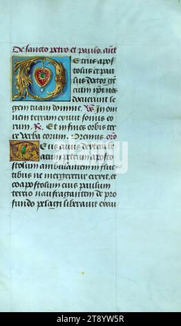 Buch der Stunden, Initial, dieses Buch der Stunden wurde von den Künstlern geschaffen, die als Gent Associates CA bekannt sind. 1490-1500. Das Manuskript scheint ursprünglich für Philipp den schönen, auch bekannt als Philipp der schöne (1478–1506), Herzog von Österreich, Brabant und Burgund und Graf von Flandern und Hennegau, hergestellt worden zu sein. Obwohl es keine Miniaturen mehr gibt, enthalten viele der einundfünfzig verzierten beleuchteten Initialen Bilder, die auf ihren prominenten Besitzer verweisen Stockfoto