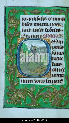 Stunden von Herzog Adolf von Kleve, Initial "O" mit St. Georg, dieses Buch der Stunden wurde in den 1480er Jahren für Adolph, Herzog von Kleves, Graf von La Mack, Herrn von Ravenstein und Wijnendale (1425–92), fertiggestellt. bis 1477 Mitglied des Gefolges der Herzöge von Burgund und danach in einer Position des persönlichen Vertrauens unter Erzherzog Maximilian, Ehemann von Maria von Burgund (gest. 1482) Stockfoto