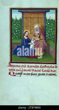 Gebetsbuch (Zusammenstellung), St. Anne mit der Jungfrau Maria und dem Christkind, dieses Gebetsbuch, ca. 1500, ist eine Zusammenstellung mehrerer Texte aus mindestens fünf verschiedenen Händen, wobei die Miniaturen ebenfalls mehrere Hände aufweisen. Besonders hervorzuheben sind die illusionistischen Grenzen mit außergewöhnlichen Motiven. Grenzen zu Beginn des Buches scheinen von einem anderen Künstler zu sein, da spätere Grenzgruppen sich in Design und Farbe unterscheiden, mit kleineren Motiven, weniger Gedränge, blühenden roten Nelken und Lilien und einigen amüsanten Drollerien Stockfoto