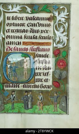 Stunden von Herzog Adolf von Kleve, Initial "O" mit St. Sebastian, dieses Stundenbuch wurde in den 1480er Jahren für Adolf, Herzog von Kleve, Graf von La Mack, Herrn von Ravenstein und Wijnendale (1425–92), fertiggestellt. bis 1477 Mitglied des Gefolges der Herzöge von Burgund und danach in einer Position des persönlichen Vertrauens unter Erzherzog Maximilian, Ehemann von Maria von Burgund (gest. 1482) Stockfoto