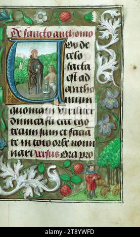 Stunden von Herzog Adolf von Kleve, Initial V mit St. Anthony, dieses Buch der Stunden wurde in den 1480er Jahren für Adolph, Herzog von Kleve, Graf von La Mack, Herrn von Ravenstein und Wijnendale (1425–92), fertiggestellt. bis 1477 Mitglied des Gefolges der Herzöge von Burgund und danach in einer Position des persönlichen Vertrauens unter Erzherzog Maximilian, Ehemann von Maria von Burgund (gest. 1482) Stockfoto