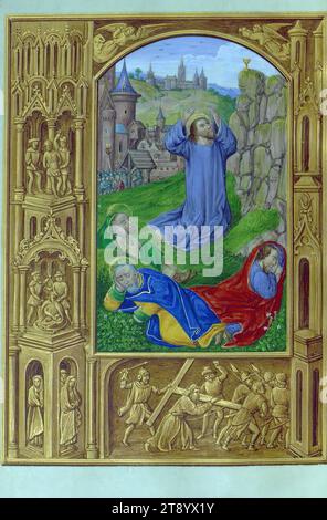 Buch der Stunden (mittelalterlicher Text, moderne Illuminationen), Christus im Garten Getsemani, aus Gent oder Brügge, Flandern, im frühen 16. Jahrhundert, konzentriert sich dieses dominikanische Stundenbuch auf die Passion Christi und den Fronleichnam. Dieses Buch maskiert sich als rein authentisches mittelalterliches Manuskript, obwohl es sich tatsächlich um eine moderne und mittelalterliche Hybride handelt. Der Großteil des Manuskripts wurde ca. 1500, aber es blieb unvollendet. Der Besitzer des 19. Jahrhunderts, John Boykett Jarman, beauftragte den englischen Illustrator William Caleb Wing mit der Fertigstellung des Manuskripts CA. 1850 Stockfoto