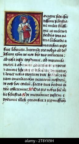 Gebetsbuch (Zusammenstellung), Initial 'O' mit St. Sebastian in Rüstung mit Lanze und Pfeilen, dieses Gebetsbuch, ca. 1500, ist eine Zusammenstellung mehrerer Texte aus mindestens fünf verschiedenen Händen, wobei die Miniaturen ebenfalls mehrere Hände aufweisen. Besonders hervorzuheben sind die illusionistischen Grenzen mit außergewöhnlichen Motiven Stockfoto