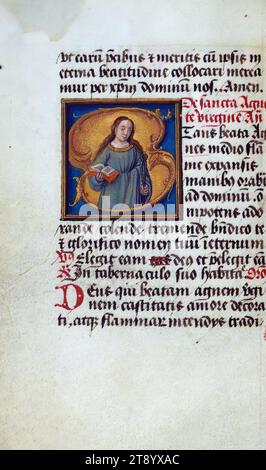 Gebetsbuch (Zusammenstellung), Initial „S“ mit St. Agnes mit Zahnattribut von St. Apollonia, dieses Gebetbuch, CA. 1500, ist eine Zusammenstellung mehrerer Texte aus mindestens fünf verschiedenen Händen, wobei die Miniaturen ebenfalls mehrere Hände aufweisen. Besonders hervorzuheben sind die illusionistischen Grenzen mit außergewöhnlichen Motiven Stockfoto