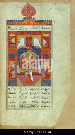 Beleuchtete Handschrift Khamsa, eine elegant beleuchtete und illustrierte Kopie des Khamsah (Quintett) von Niẓāmī Ganjavī (d.605 AH / 1209 n. Chr.), ausgeführt von Yār Muḥammad al-Haravī in 922 AH / 1516 n. Chr. Diese in vier Spalten in schwarzer Schrift nastaʿlīq verfasste Handschrift beginnt mit einer doppelseitigen dekorativen Komposition, die von ʿAbd al-Wahhāb ibn ʿAbd al-Fattāḥ ibn ʿAlī al- ibn signiert wurde, von der diese eine Seite ist. Es enthält 35 Miniaturen. Bahrām Gūr im roten Pavillon Stockfoto