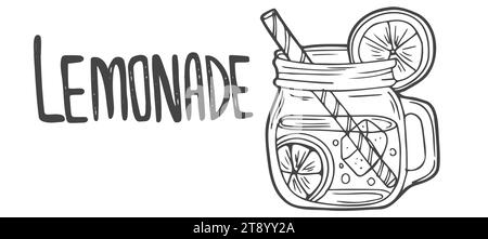 Limonadenglas mit Zitronenscheibe. Handgezeichnete Vektorillustration und Schriftzug. Stock Vektor