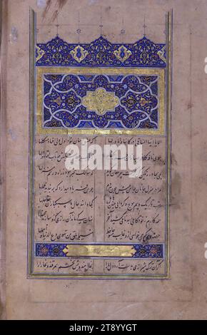 Sammlung von Gedichten (Divan), Incipit-Seite mit beleuchtetem Kopfstück, dies ist eine beleuchtete und illustrierte Handschrift der Sammlung von Gedichten (dīvān) von Shams al-Dīn Muḥammad Ḥāfiz al-Shīrāzī (fl. Achtes Jahrhundert AH / 14. Jahrhundert n. Chr.). Es wurde in schwarzer nasta’līq-Schrift mit Kapitel-/Abschnittsüberschriften in goldener Tinte von Zayn al-’Raḥmān ‘Abd al-Jāmī al-Ābidīn in 918 AH/1512 n. Chr. im Safawiden-Iran geschrieben. Das Manuskript beginnt mit einem beleuchteten Medaillon, gefolgt von einem doppelseitigen, illustrierten Frontispiece. Der Text beginnt mit einer Incipit-Seite mit beleuchtetem Kopfstück Stockfoto