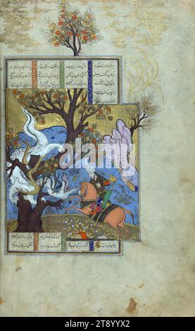 Illustrierte Handschrift, Buch der Könige (Shahnama), Rustam tötet einen Drachen (die dritte Meisterleistung), diese Kopie von Firdawsī Shāhnāmah (Buch der Könige) wurde von Muḥammad Mīrak ibn Mīr Muḥammad al-Ḥusaynī al-Ustādī geschrieben, höchstwahrscheinlich in Herat (heutiges Afghanistan). Sie wurde 1028 AH/1618-9 CE fertiggestellt. Es gibt zwei arabische Kolophone, eines am Ende des Vorwortes und das andere am Ende des ersten Teils. Das Vorwort stammt von Abū Manṣūr Muḥammad ibn ʿAbd al-Razzāq, der es 346 AH / 957-8 n. Chr. komponierte. Obwohl sie am Ende unvollständig ist, enthält die Handschrift 83 Abbildungen Stockfoto