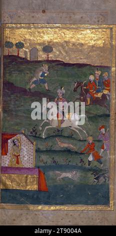 Beleuchtete Handschrift, Sammlung von Gedichten (masnavi), Ein Prinz, der von einer Jagd zurückkehrt, und eine Frau in einem Pavillon, dies ist eine illustrierte und beleuchtete Kopie der Gedichtsammlung, bekannt als Mas̱navī-i maʿnavī, von Jalāl al-Dīn Rūmī (d. 672 AH / 1273 n. Chr.). Laut dem Kolophon wurde der Text in schwarzer nastaʿlīq-Schrift in Indien 1073 AH/1663 n. Chr. fertiggestellt. Jeder Abschnitt des Werkes wird durch einen zweiseitigen beleuchteten Incipit mit einem Prosa-Vorwort, gefolgt von zwei Illustrationen und einer beleuchteten Incipitseite für den masnavi, eingeführt Stockfoto