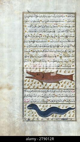 Türkische Version der Wunder der Schöpfung, zwei Fische aus der Vaynah (Vīnah?) Meers, dies ist eine osmanisch beleuchtete und illustrierte türkische Version von Zakarīyā al-makhlūqāt (Wunder der Schöpfung) von Qazwīnī al-ʿAjāʾib (d. 692 AH / 1293 n. Chr.), die auf Wunsch des Wesirs Murtaza Paşa (Murtaḍá Pāshā) (fl. Elftes Jahrhundert AH / 17. N. Chr.) hergestellt wurde. Der Codex wurde 1121 AH / 1717 CE von Muḥammad ibn Muḥammad Shākir Rūzmah-ʾi Nāthānī fertiggestellt. Es gibt 444 Gemälde, die den Text illustrieren. Die Bindung ist nicht originell im Manuskript Stockfoto