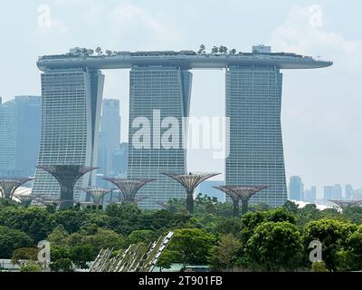 Singapur, Singapur. Oktober 2023. Blick auf die berühmten Supertrees (Vorderseite) und das Marina Bay Sands Hotel. Vermerk: Carola Frentzen/dpa/Alamy Live News Stockfoto